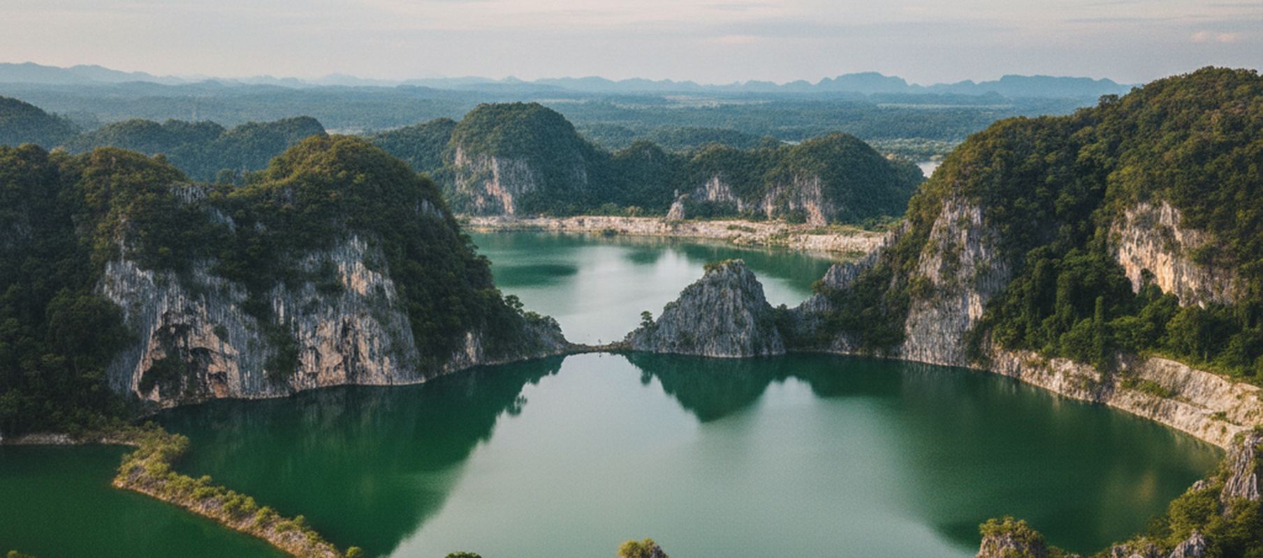 A wide photograph of limestone hills standing over flooded tin workings in the Kinta valley of Peninsular Malaysia under afternoon cloud, with no people, no readable signs and no logos in view