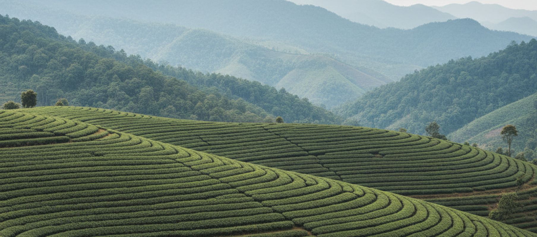 Clipped tea bushes in curving rows across a steep terraced slope, with ridge after ridge of forest standing behind them.