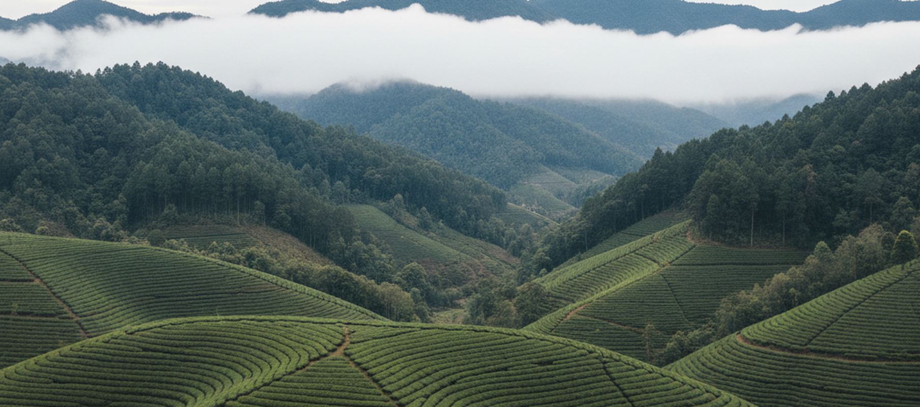Wide view across a highland valley of terraced tea rows on steep slopes, with forested ridges rising behind and low cloud along the crest.
