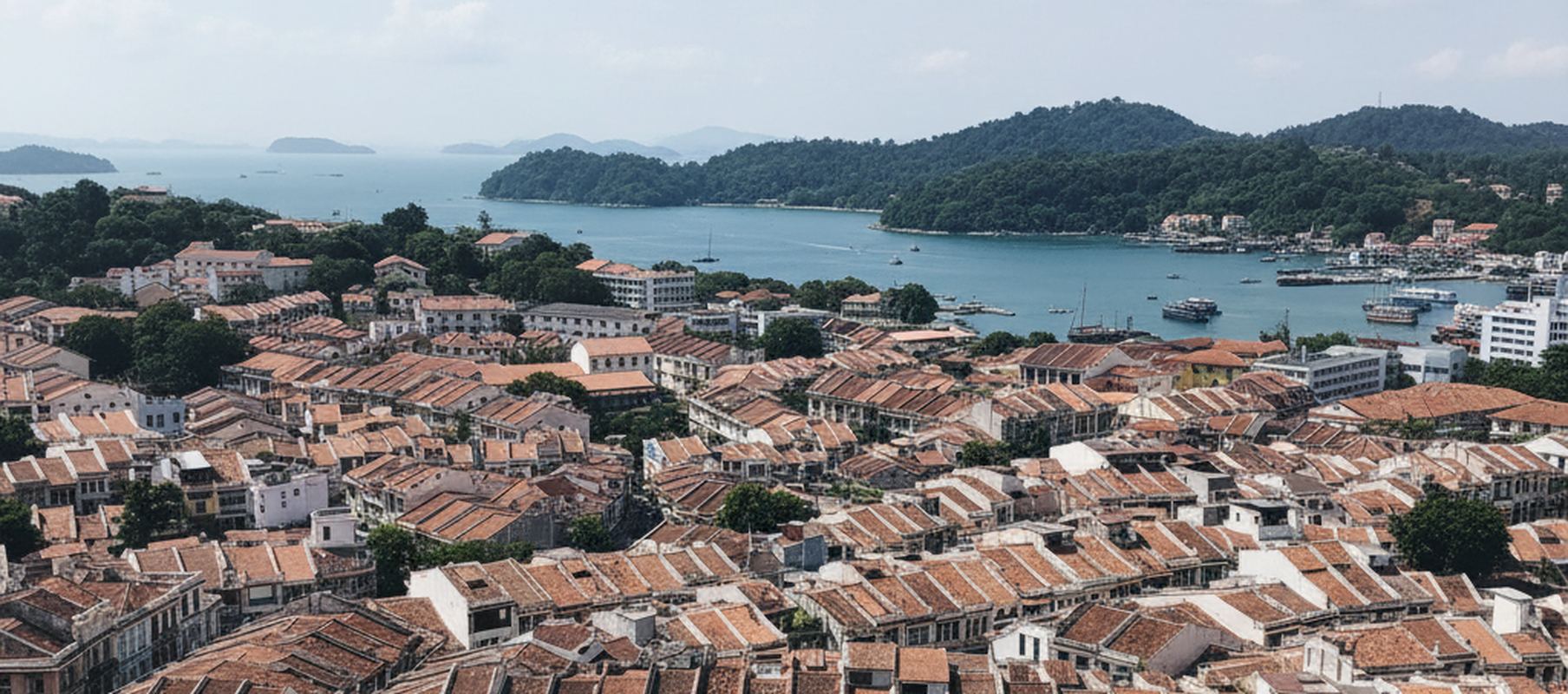 A wide elevated view across the old quarter of George Town at midday, clay tile roofs and low shophouse blocks running down toward the channel, the forested ridge of Penang Hill rising behind.