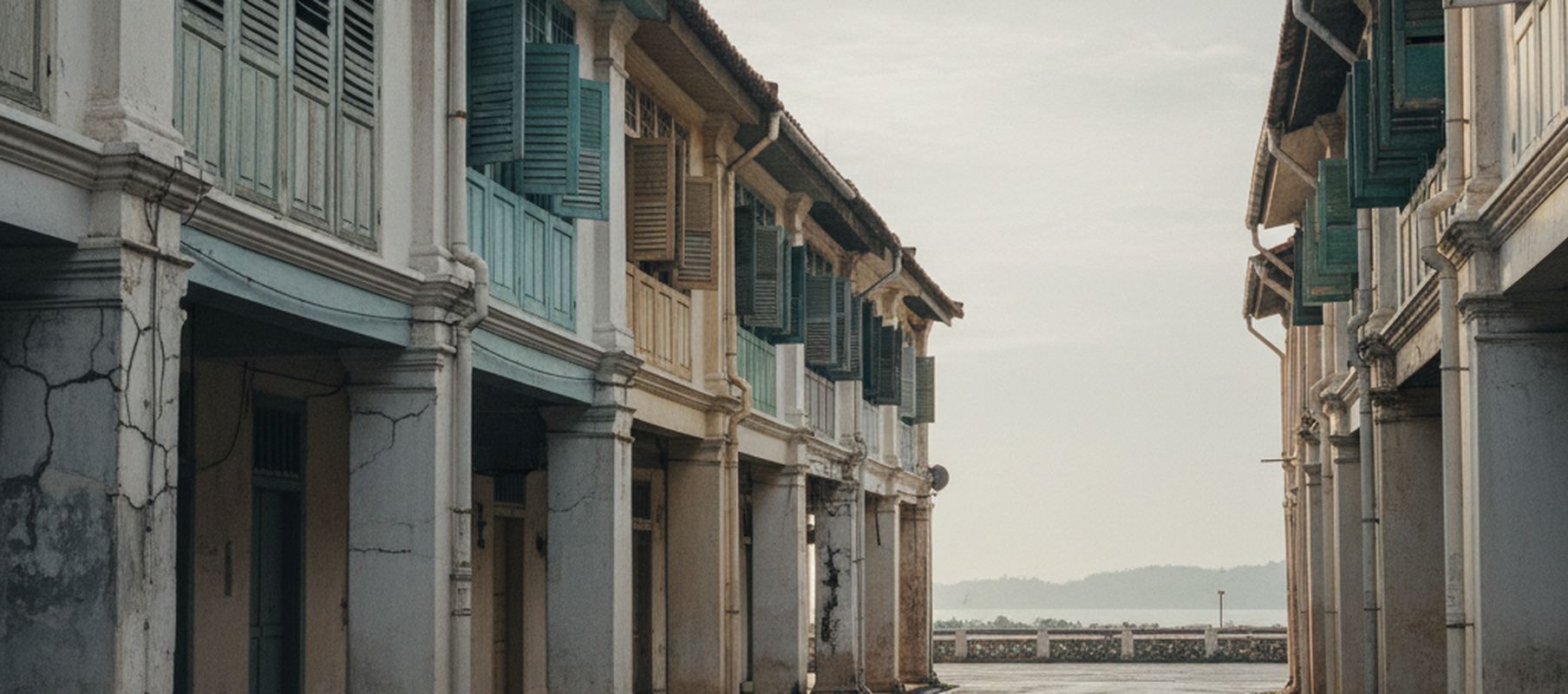Narrow street between two story shophouse fronts, louvered shutters propped open over plaster columns and clay tile eaves, ending at a low rail wall, pale water and a hazy ridge.