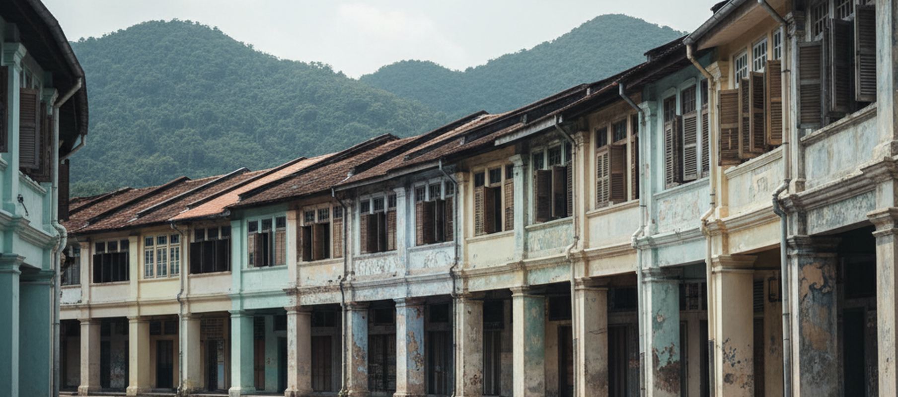 Weathered two story shophouses curve away behind deep arcade columns, peeling mint and cream plaster, louvered timber shutters above, clay tile roofs, forested hills in hazy light.