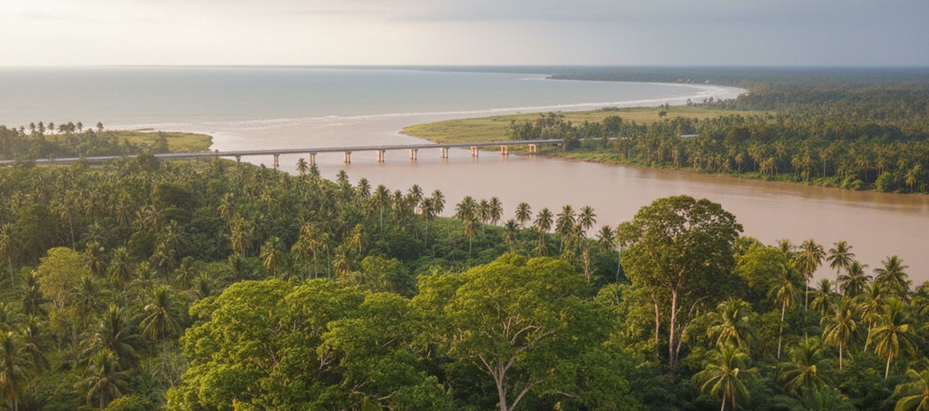 Aerial view over dense palm canopy to a wide brown river curving toward the sea, crossed by a long low bridge on round concrete piers, with pale surf along a distant sandy shore.