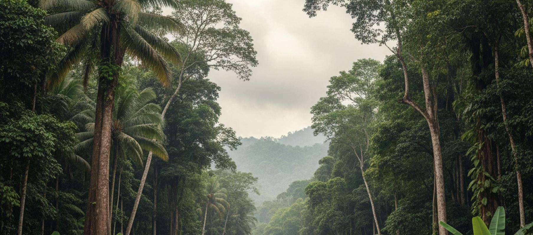Tall palms and slender rainforest trees frame a gap of pale overcast sky, with a low forested ridge fading into haze beyond dense green canopy and broad paddle shaped leaves.
