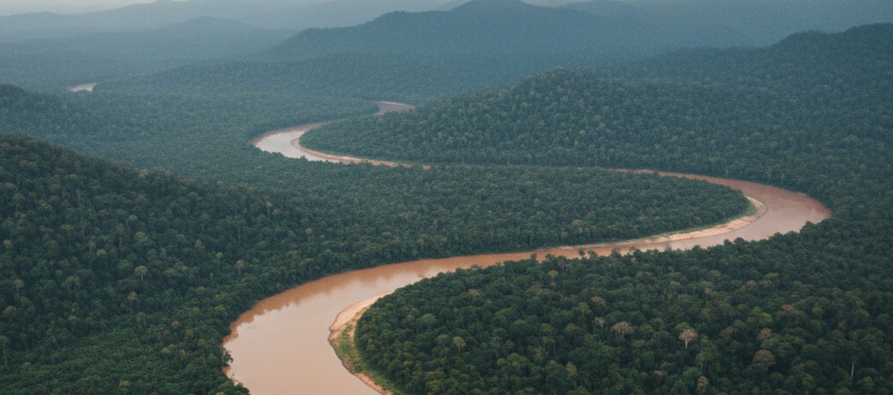 Wide view of the Tembeling river from high ground, brown water curving between unbroken lowland rainforest, ridges fading into low cloud