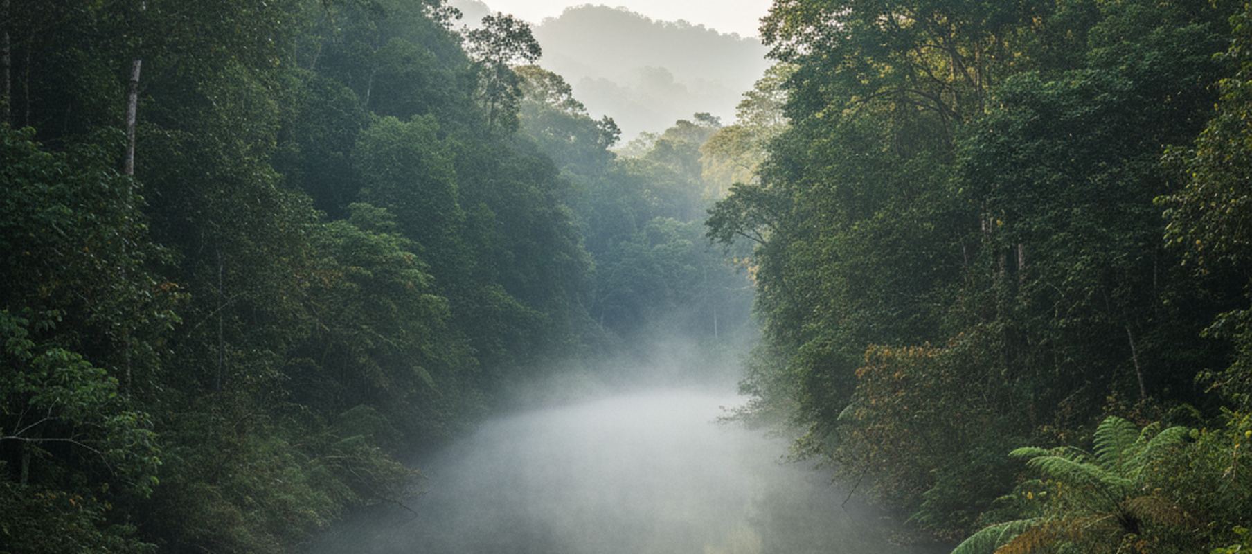 Dense broadleaf forest closes in on both sides of a narrow valley, its floor filled by a thick band of mist; hazy ridges rise beyond, and tree ferns arch in at the lower right.