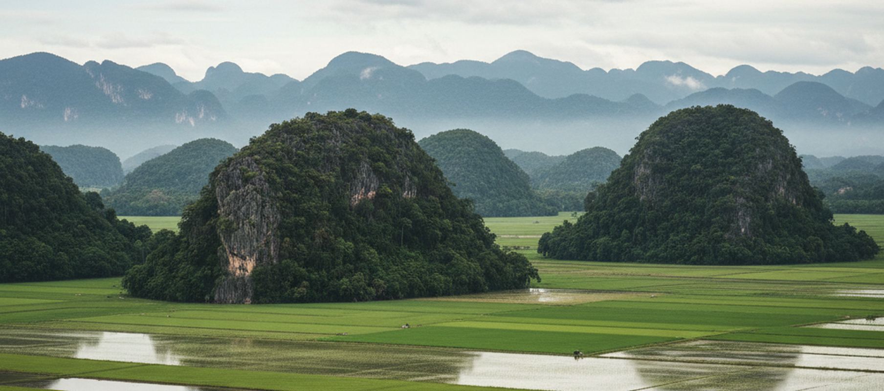 A wide photograph of limestone hills standing over flooded rice fields on the western plain of Peninsular Malaysia, the forested ridge of the main range closing the horizon behind them, with no people, no legible lettering and no brand marks