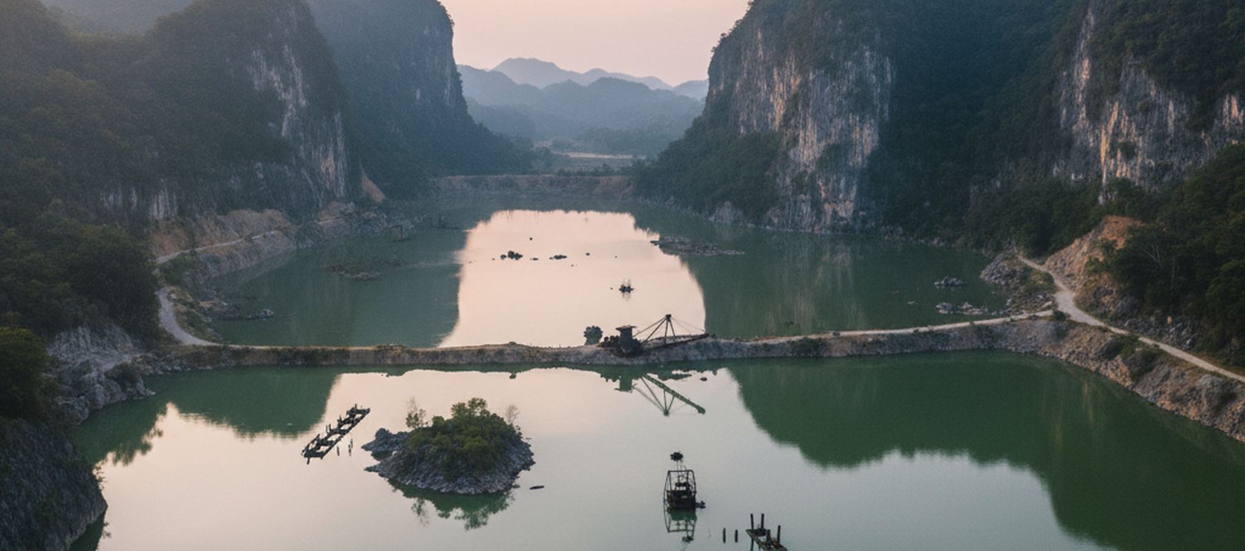 Wide photograph of limestone cliffs above flooded tin workings in the Kinta valley at first light, nobody in the frame, nothing lettered, no brand marks.
