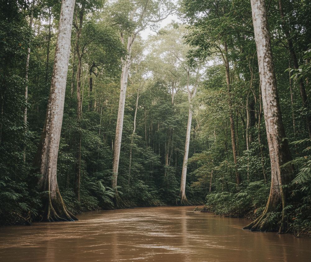 A wide brown river running between two walls of rainforest, tall pale trunks rising out of dense low growth on both banks.