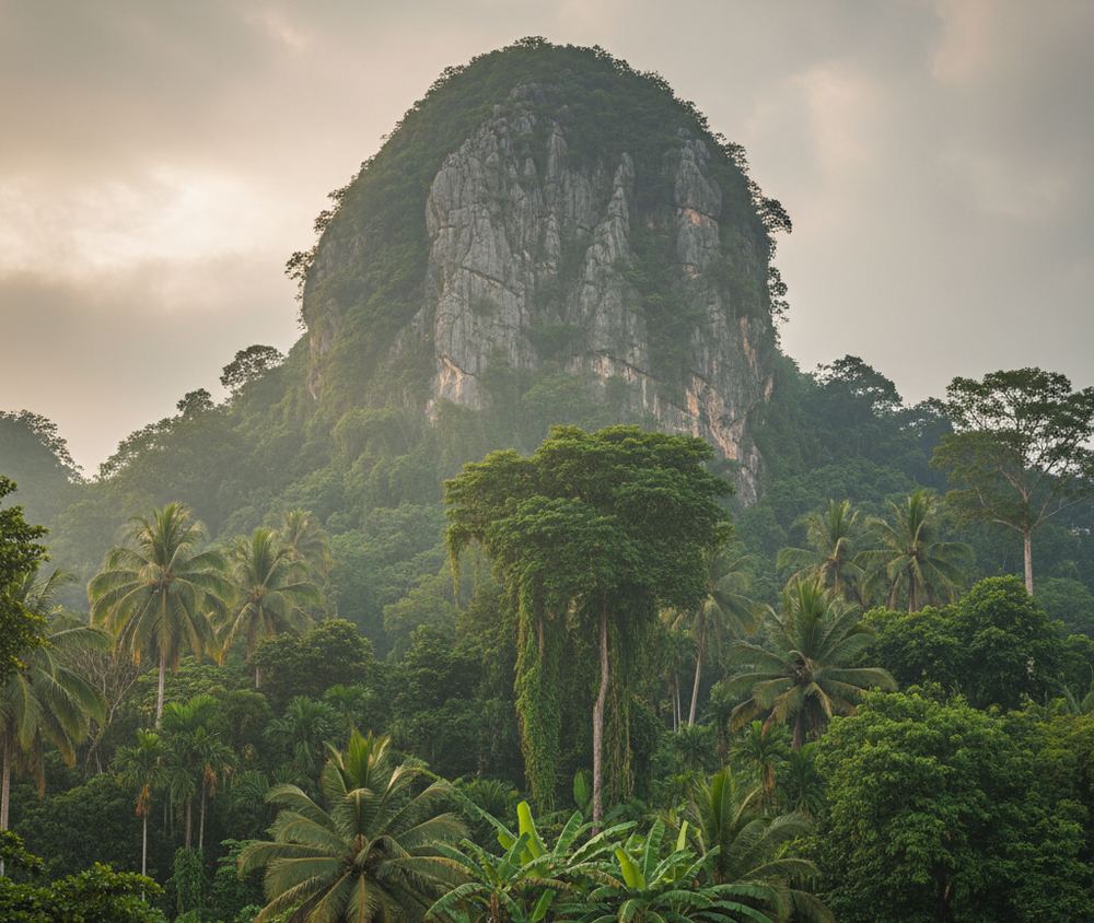 A rounded limestone karst hill with a pale cliff face and wooded crown rises through haze above dense palms, banana leaves, and vines hanging from trees under warm overcast light.