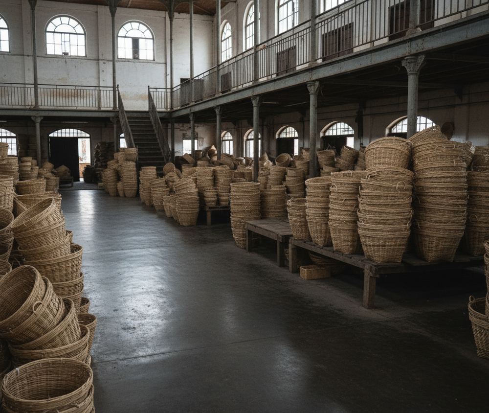 Interior of a covered market hall on two levels, empty aisles, stacked rattan baskets and a wet concrete floor under high windows.
