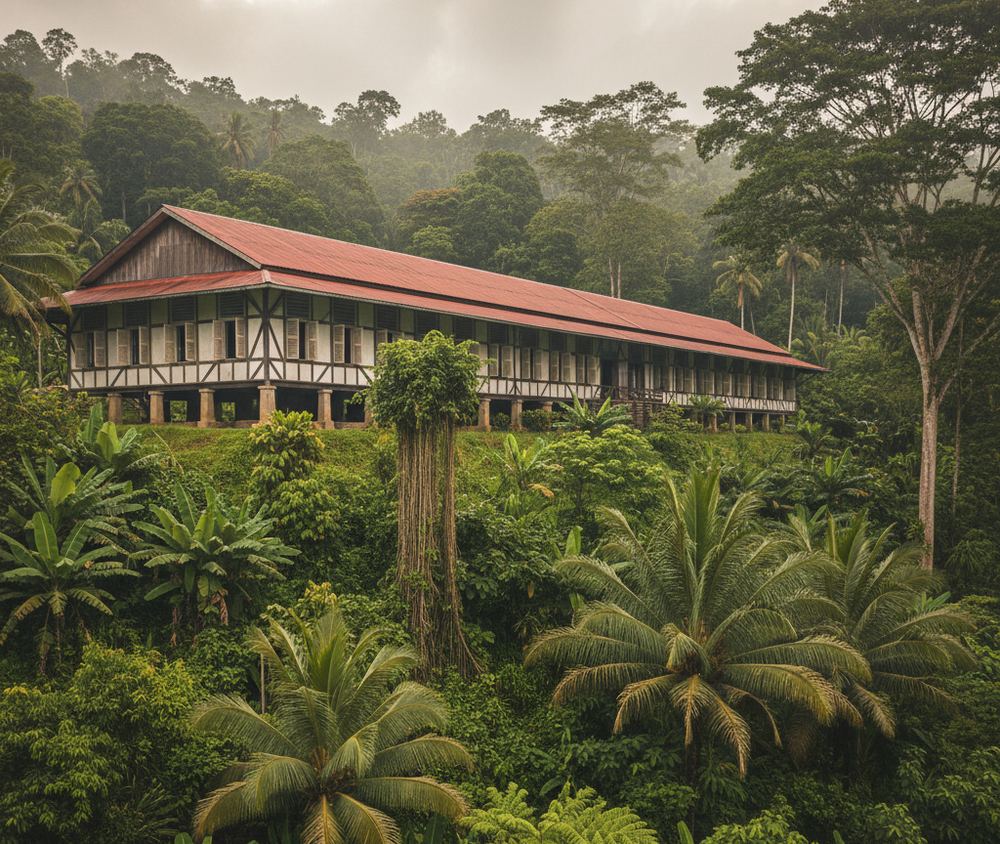 Long timber building with a red pitched roof and rows of shuttered windows, raised on low pillars above a jungle hillside of palms and banana leaves under a pale misty sky.