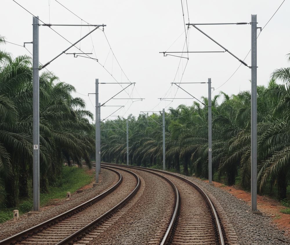 Double railway track curving through oil palm, overhead wires on steel masts, flat white sky above