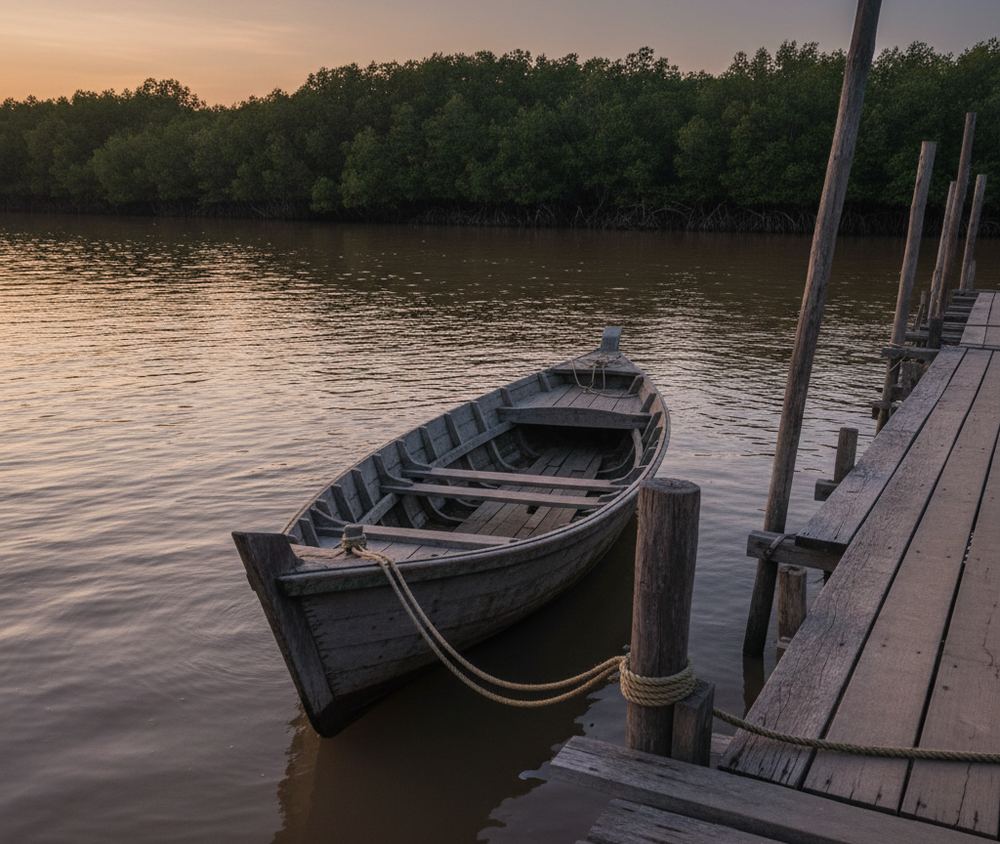A plain wooden fishing boat tied alongside a timber jetty on a brown tidal river at dusk, hull unmarked and carrying no numbers or lettering, mangrove on the far bank, the deck empty.
