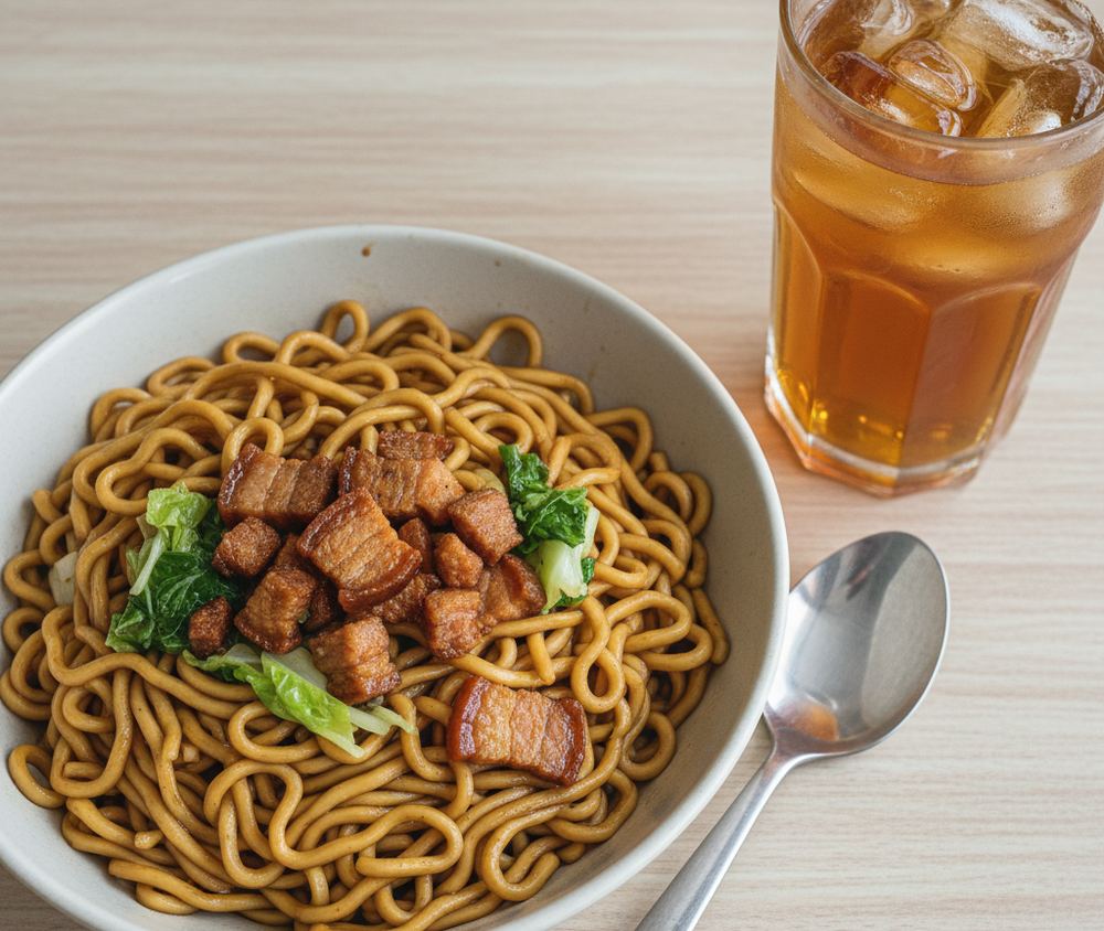 Overhead shot of a deep cream bowl of thick soy browned noodles under layered pork belly chunks and whole curly green leaves, with a steel spoon and an iced amber glass on pale wood.