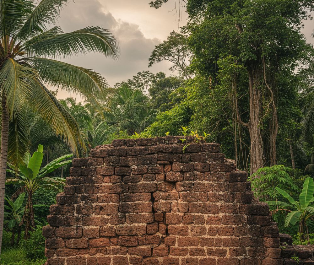 Weathered reddish brown brick ruin with a stepped top and seedlings sprouting from the masonry, framed by coconut palm fronds, banana leaves and vine draped trees under a cloudy sky