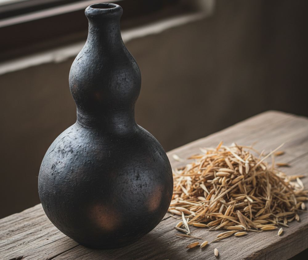 A blackened clay water pitcher shaped like a bottle gourd, standing on a plank beside a loose heap of rice husks.