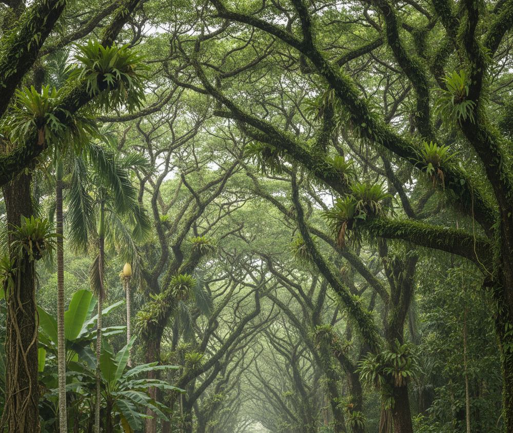 Long mossy tree limbs arch across a shaded green corridor, ferns growing in rosettes along the bark, palm trunks and broad banana leaves below, a lamp post in the haze.