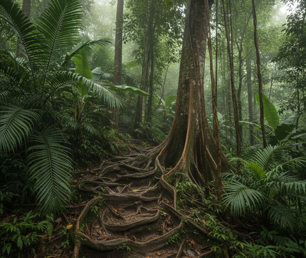 Root steps climbing a rainforest slope toward a broad buttressed trunk with vines hanging beside it, palm fronds and ferns crowding both sides, pale mist among the upper trees