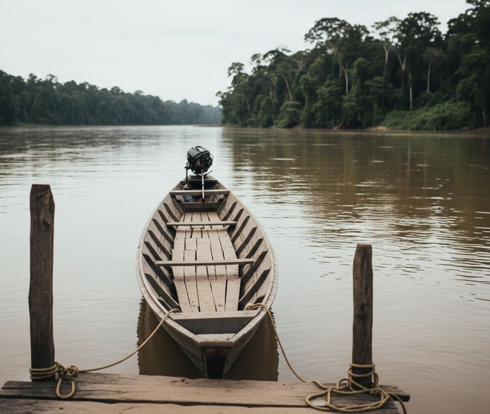 A long narrow wooden river boat with an outboard motor tied at a low timber jetty on a wide brown river, forest on the far bank