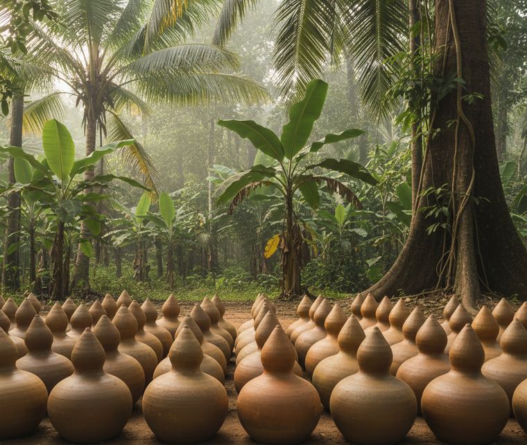 Rows of unglazed terracotta pots with round bellies and pointed tops stand on bare red earth in front of coconut palms, banana plants, and a buttressed tree in a hazy green grove.