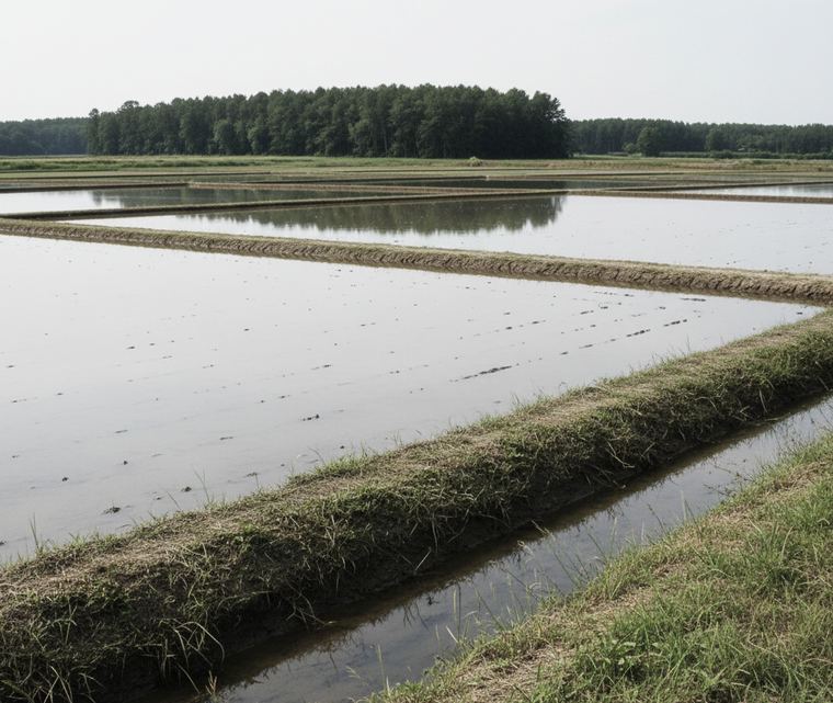 Flat irrigated rice fields running to a far treeline, a straight earth bank and a drainage channel crossing the foreground, no people, no buildings, no lettering