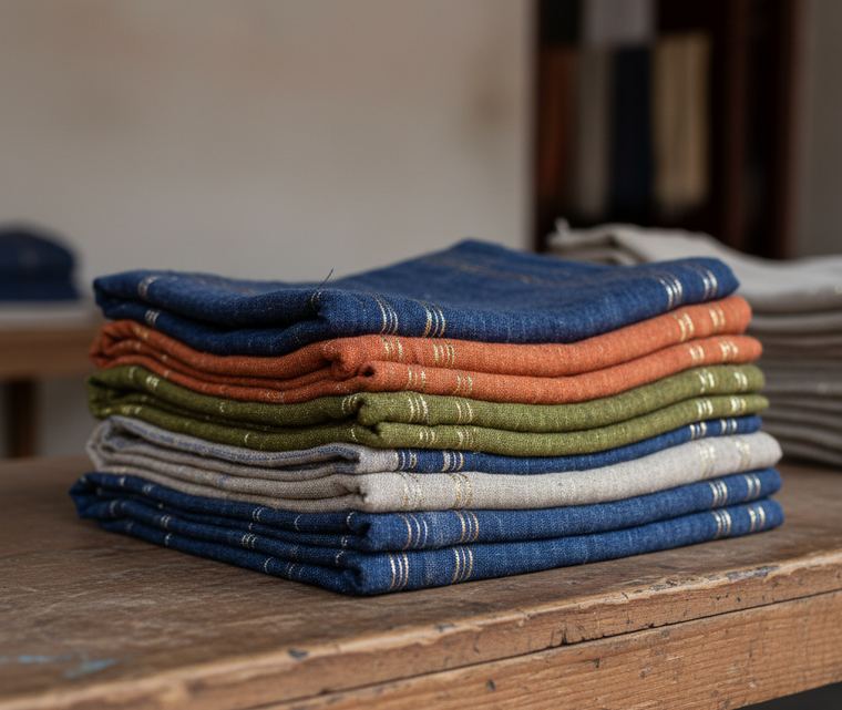 Folded lengths of woven cloth stacked on a bare market counter, metallic thread catching the light along the borders, no people, no labels, no writing, no logos