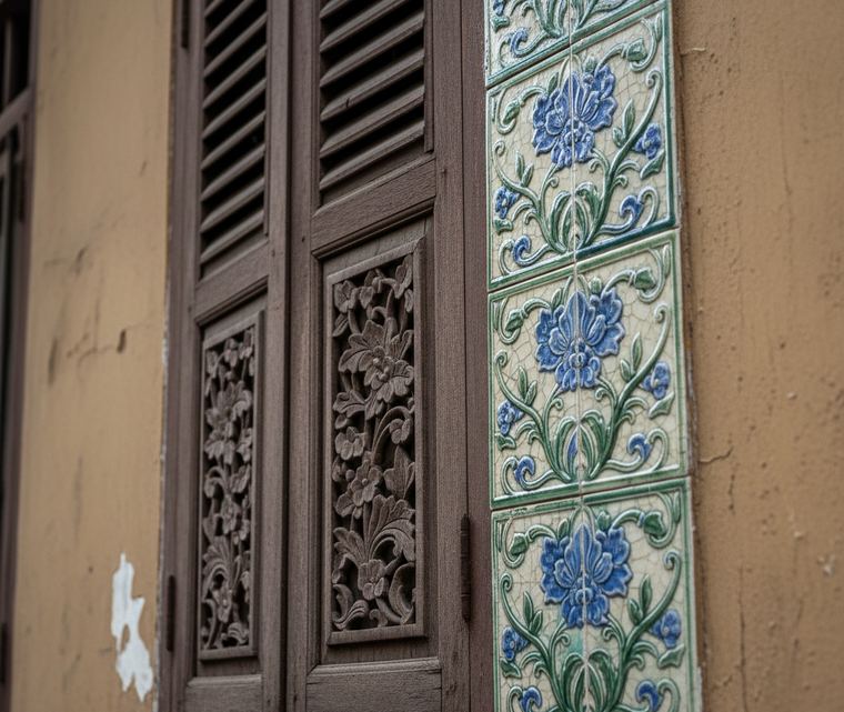 Close view of glazed floral tiles and carved timber shutters on a narrow shophouse front